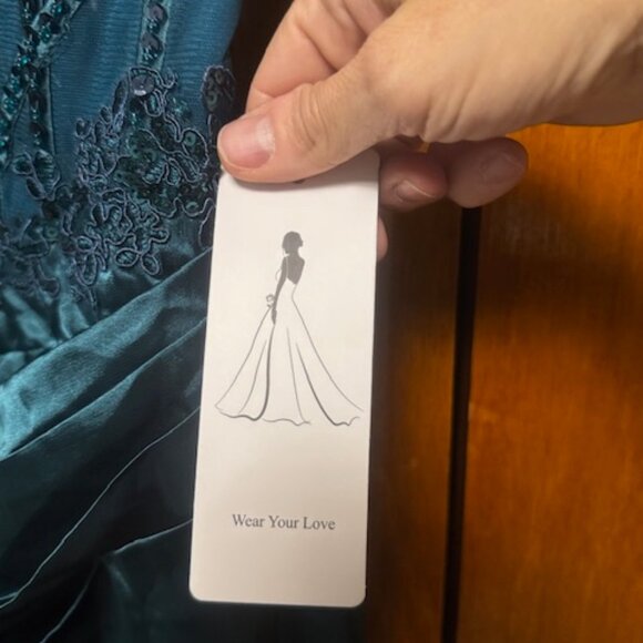 Teal satin & sequin corset top evening gown - Picture 3 of 3